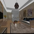 Modern Chinese Style Hotel Guest Room With TV Sofa Coffee Table And Decorative Paintings