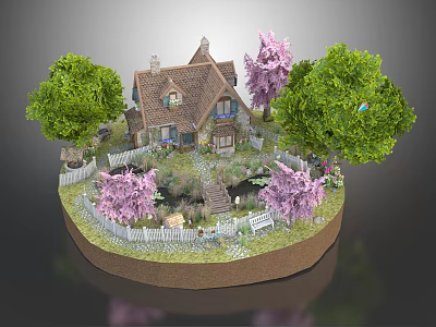 Charming Cartoon Scene Featuring Cute Cottage Colorful Trees Pink Flowers And White Picket Fence 3d model