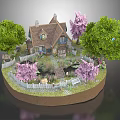 Charming Cartoon Scene Featuring Cute Cottage Colorful Trees Pink Flowers And White Picket Fence