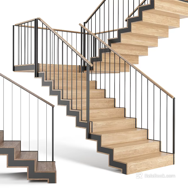 Modern Interior Staircase Design With Wooden Steps And Black Metal Railings 3d model 