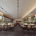 Modern Restaurant Interior Featuring Spacious Dining Area Wooden Tables Large Windows And Green Plants