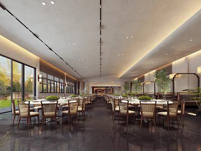 Modern Restaurant Interior Featuring Spacious Dining Area Wooden Tables Large Windows And Green Plants 3d model