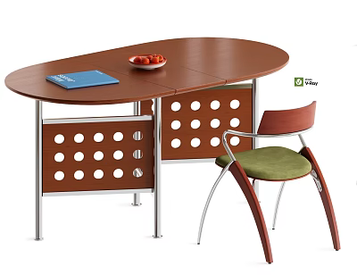 Oval Brown Dining Table with Blue Book Red Fruit Bowl Perforated Panel Beside Green Chair 3d model
