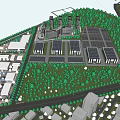 Aerial View Planning of Sustainable Industrial Park With Green Spaces Solar Panels and Wind Turbines