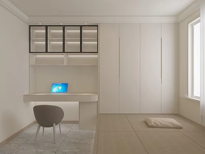 Modern Minimalist Tatami Bedroom With Built In Desk Chair And Storage Cabinets 3d model