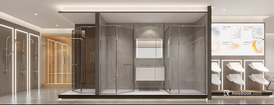 Modern Bathroom Store Featuring Glass Shower Enclosures Gray Walls White Vanity And Mirror 3d model 