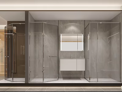 Modern Bathroom Store Featuring Glass Shower Enclosures Gray Walls White Vanity And Mirror 3d model