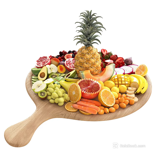 Assorted Fresh Fruits On Wooden Platter With Pineapple And Blood Oranges 3d model 