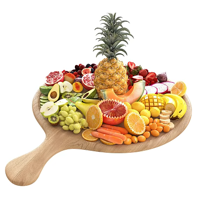 Assorted Fresh Fruits On Wooden Platter With Pineapple And Blood Oranges 3d model