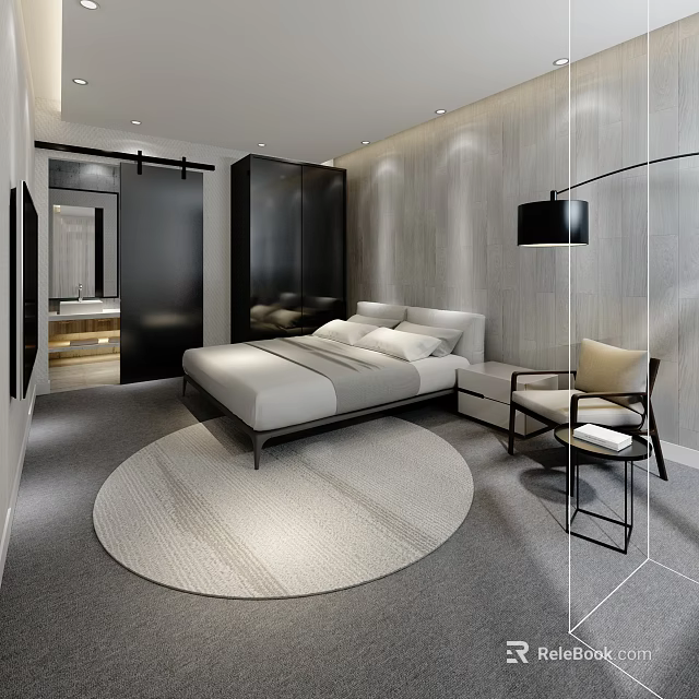 Modern Hotel Guest Room With Comfortable Bed Round Rug Floor Lamp And Textured Walls 3d model 