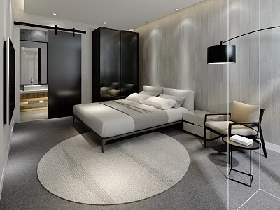 Modern Hotel Guest Room With Comfortable Bed Round Rug Floor Lamp And Textured Walls 3d model