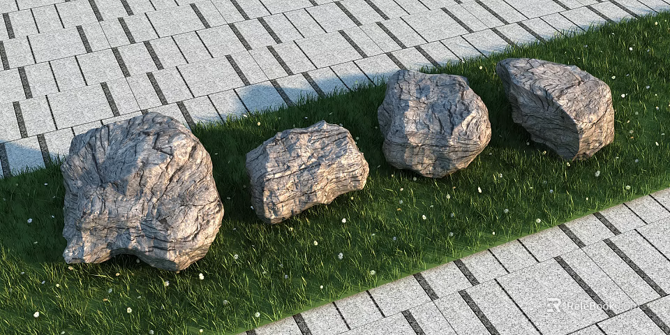 Natural Stone and Wood Elements in Outdoor Landscape with Green Grass and Brick Pavement 3d model 