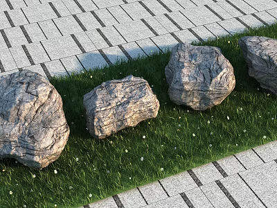 Natural Stone and Wood Elements in Outdoor Landscape with Green Grass and Brick Pavement 3d model
