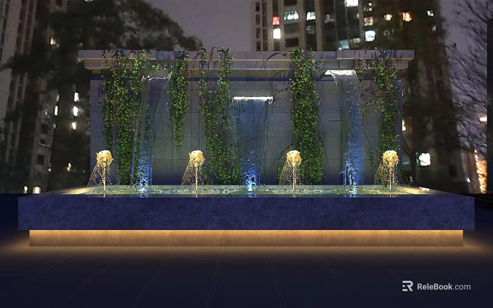 Modern Illuminated Garden Decor With Vertical Greenery Wall And Water Pool At Night 3d model 