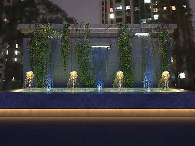 Modern Illuminated Garden Decor With Vertical Greenery Wall And Water Pool At Night 3d model