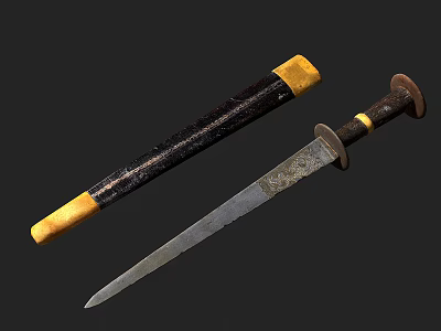 Traditional Decorative Knife with Black Sheath Yellow Accents and Patterned Blade 3d model