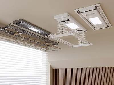 Ceiling Mounted Drying Racks With Built In Lights And Storage Rails In Modern Interior 3d model