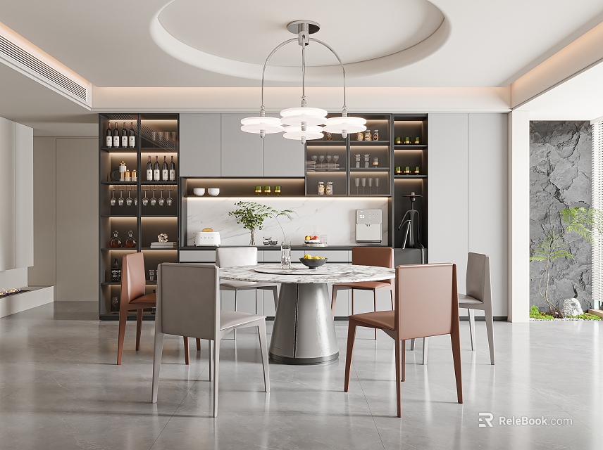 Modern Elegant Restaurant Interior Design With Marble Dining Table Pendant Lights And Wine Cabinets 3d model 