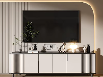 Modern TV Stand In Living Room With Storage Cabinets Decorative Plant And Warm Lighting 3d model