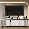 Modern TV Stand In Living Room With Storage Cabinets Decorative Plant And Warm Lighting