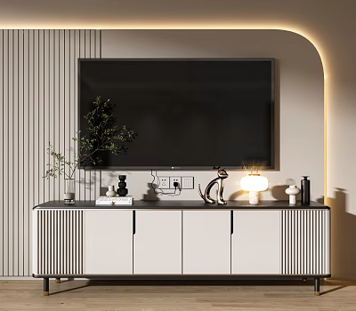 Modern TV Stand In Living Room With Storage Cabinets Decorative Plant And Warm Lighting 3d model