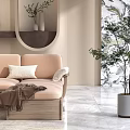 Modern Beige L shaped Sofa and Coffee Table Set with Armchair Green Plants and Large Windows