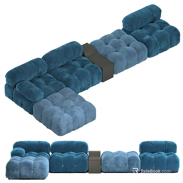 Blue Velvet Tufted Double Sofa With Modern Modular Design For Comfortable Living Room Decor 3d model 