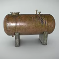 Rusty Industrial Metal Storage Tank with Support Stand and Surface Markings