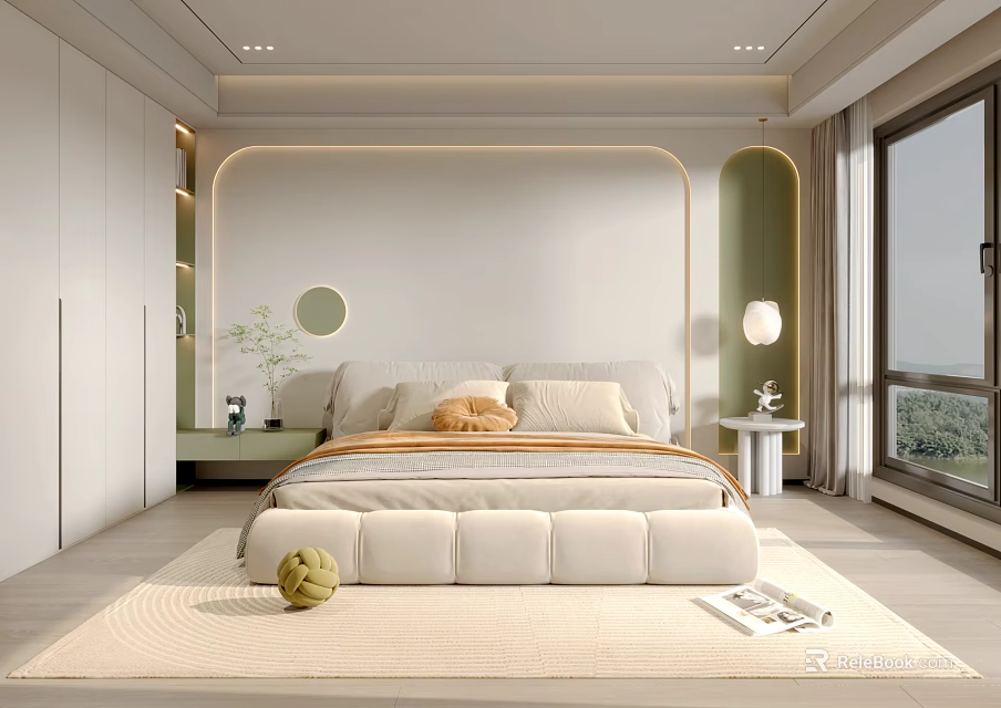 Modern Bedroom Interior With Upholstered Bed Curved Headboard Wall Nightstands Potted Plant And Large Window 3d model 