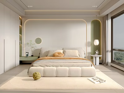 Modern Bedroom Interior With Upholstered Bed Curved Headboard Wall Nightstands Potted Plant And Large Window 3d model