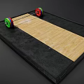 Sports Equipment Barbell With Colorful Weight Plates On Black Mat And Wooden Board