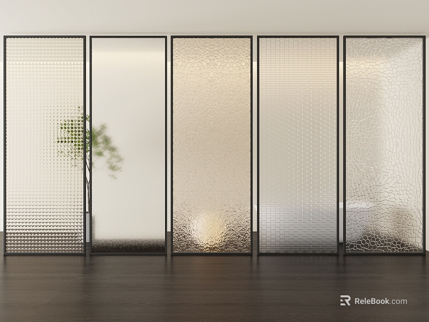 Modern Textured Glass Room Dividers in Interior Space with Decorative Patterns and Green Plant 3d model 
