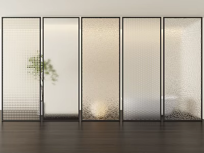 Modern Textured Glass Room Dividers in Interior Space with Decorative Patterns and Green Plant 3d model