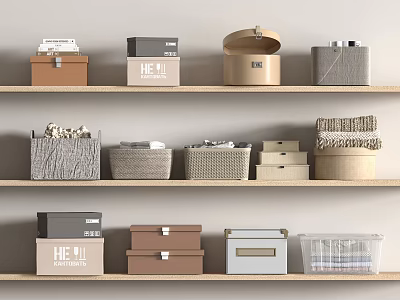 Practical Storage Baskets on Wooden Shelves with Various Styles for Home Organization 3d model