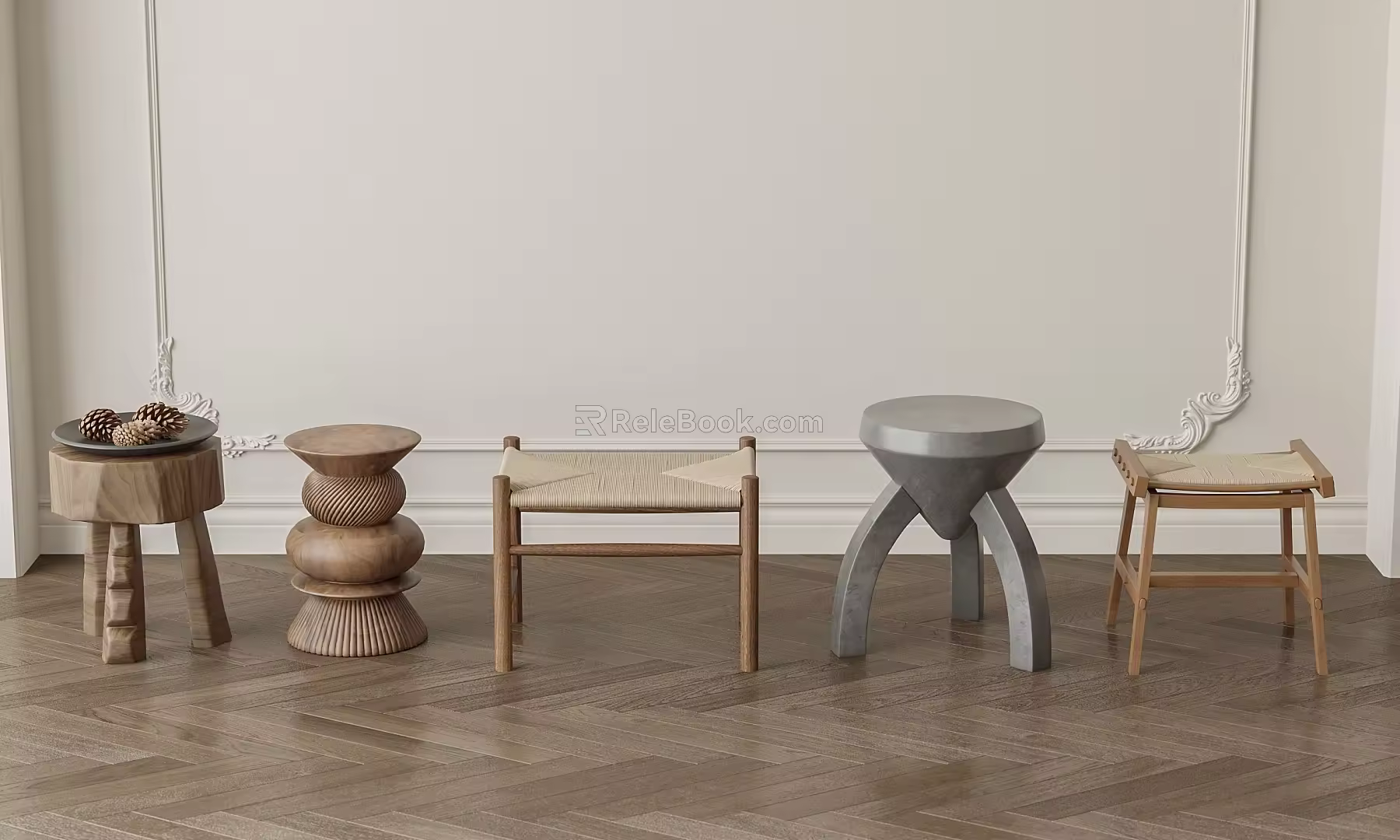 Middle-style low stool combination 3d model