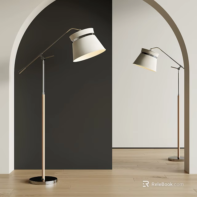 Modern Arc Floor Lamp With White Shade Metal Frame And Wooden Base 3d model 
