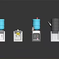 Various Designed Water Dispenser Models With Blue Tanks White Bases And Small Parts