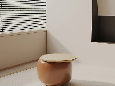 Brown Side Table With Round Top In Modern Space Featuring Beige Wall And Blinds 3d model