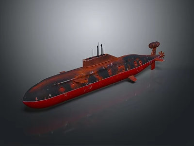 Red And Black Submarine With Conning Tower And Propeller Detailed Structure 3d model