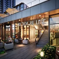 Illuminated Modern Commercial Street With Glass Facades Tall Buildings Greenery And Pedestrians