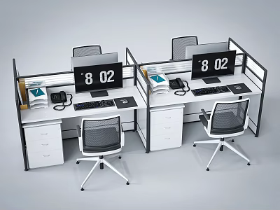 Modern Cubicle Style Office Desks With Numbered Screens Office Chairs And Documents 3d model