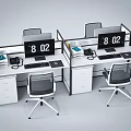 Modern Cubicle Style Office Desks With Numbered Screens Office Chairs And Documents