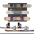 Assorted Snowboard Equipment With Ski Boots On Wooden Rack For Sports Storage