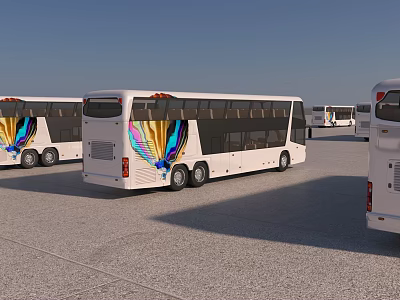 White Buses With Colorful Patterns Parked In Open Area Under Blue Sky 3d model