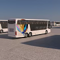 White Buses With Colorful Patterns Parked In Open Area Under Blue Sky