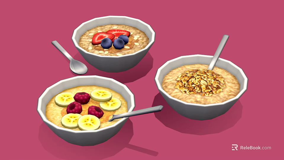 Delicious Oatmeal Bowls Topped With Banana Slices Raspberries Strawberries Blueberries And Chopped Nuts 3d model 