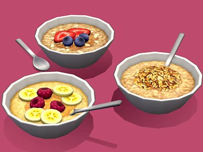 Delicious Oatmeal Bowls Topped With Banana Slices Raspberries Strawberries Blueberries And Chopped Nuts 3d model