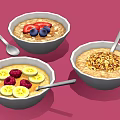 Delicious Oatmeal Bowls Topped With Banana Slices Raspberries Strawberries Blueberries And Chopped Nuts