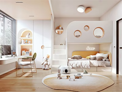 Bright Modern Kids Room Interior With Round Mirrors Study Desk Plush Toys And Circular Rug 3d model