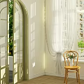 White Curtains By Window With Wooden Chairs And Green Plants Outside